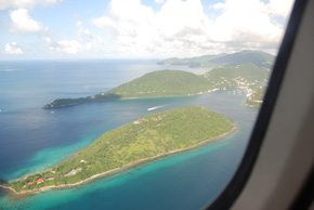 aerial of west end of tortola, flying into bvi